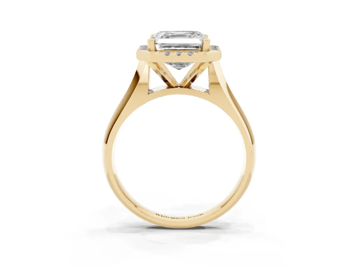 Asscher Cut Cut Halo Solitaire Engagement Ring with Square Band and Four-Prong Setting Yellow gold