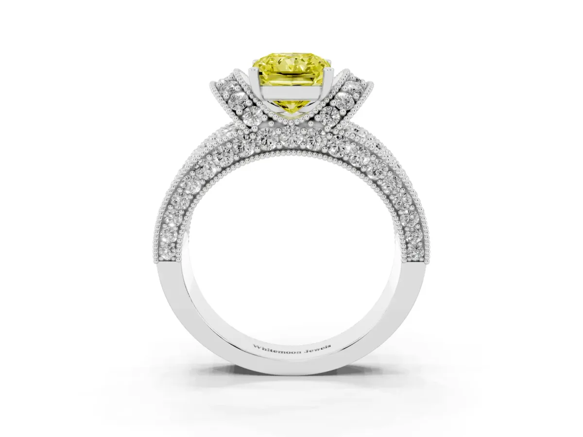 Fancy Yellow Radiant Cut Halo Pave Diamond Engagement Ring with Milgrain Detailing White gold