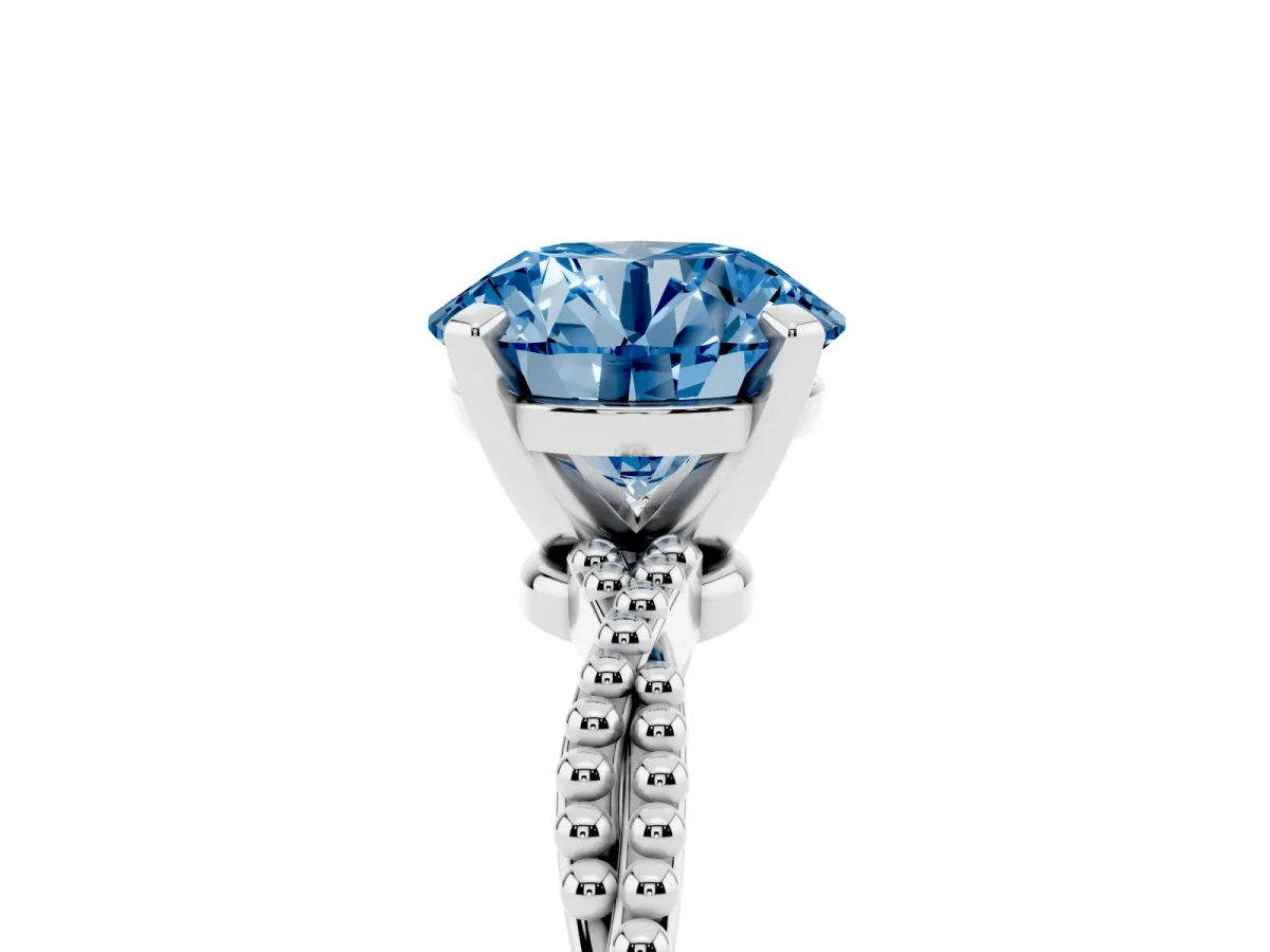 Fancy Blue Round Cut Solitaire Twisted Band with Bead Prong Setting Silver