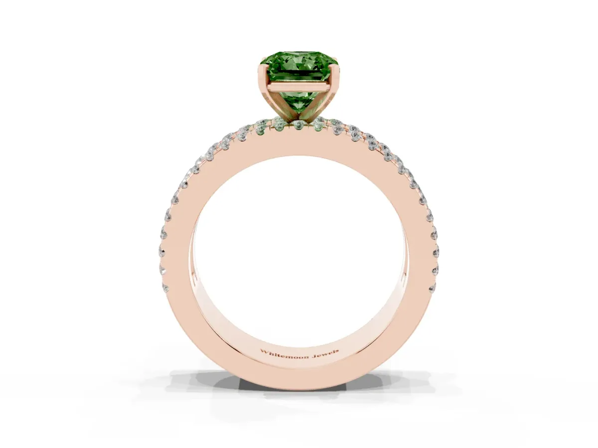 Fancy Green Radiant Cut Diamond Solitaire Ring with Pavé and Channel Set Band Rose gold