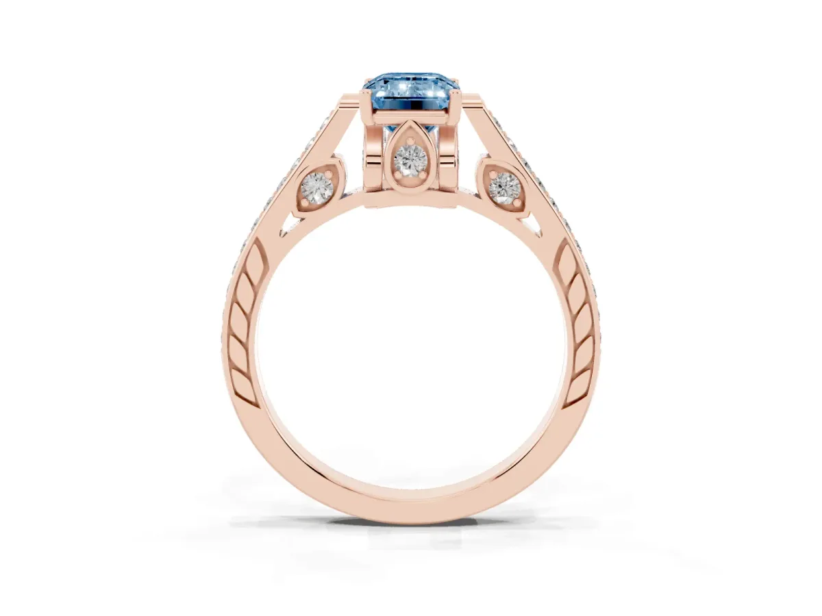 Fancy Blue Emerald Cut Cut Cathedral Pave Diamond Engagement Ring with Six-Prong Setting Rose gold