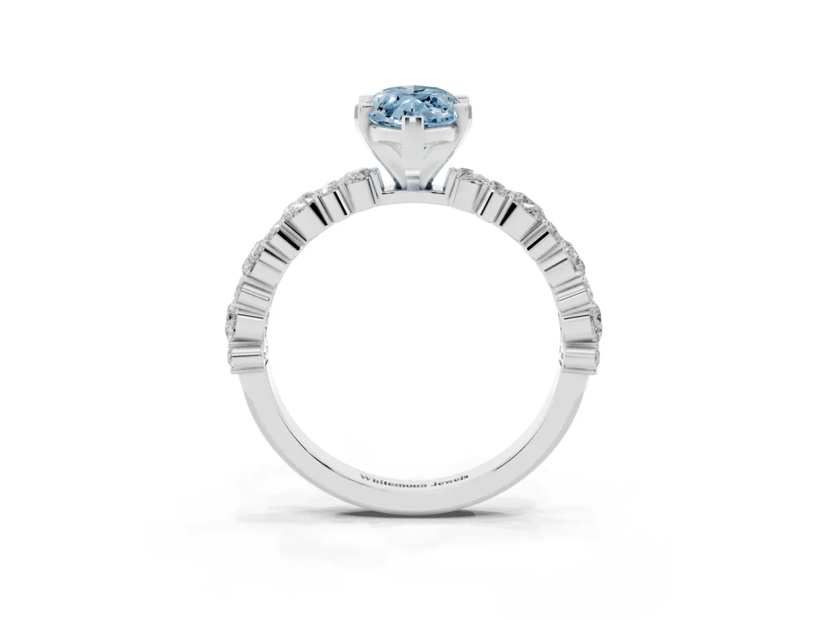 Fancy Blue Marquise Cut Diamond Side Stone Solitaire Ring with Round and Four-Prong Setting Silver