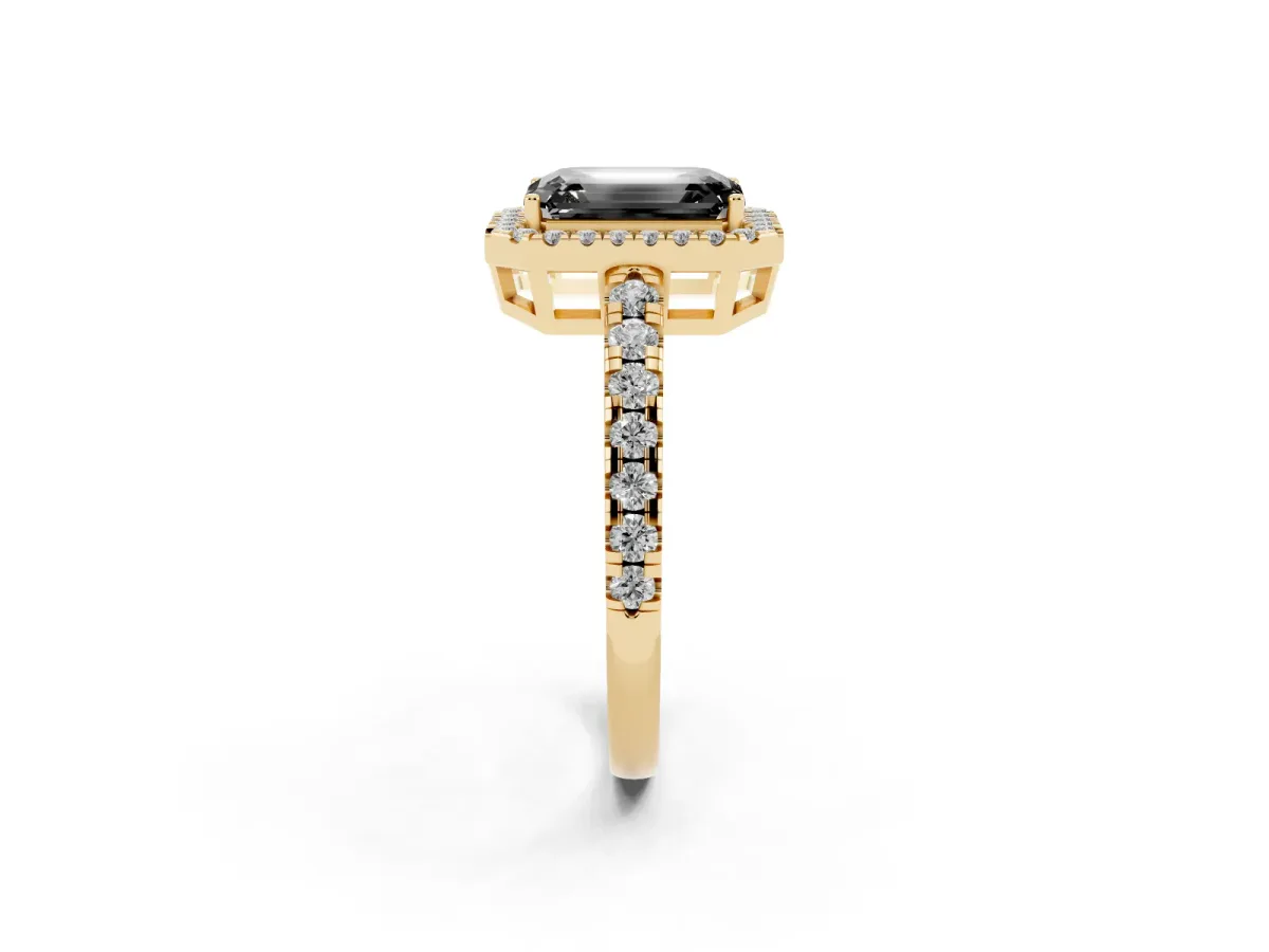 Fancy Black Emerald Cut Diamond Halo Ring with Pavé Band and Four-Prong Setting Yellow gold