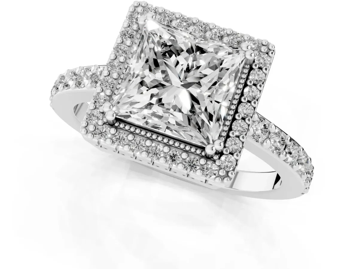 Princess Cut Cut Diamond Halo Engagement Ring with Milgrain Detail and Pavé Band Platinum