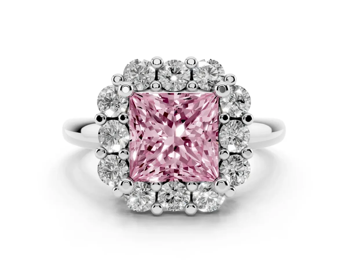 Fancy Pink Princess Cut Halo Cluster Diamond Engagement Ring with Prong Setting and Polished Band Platinum