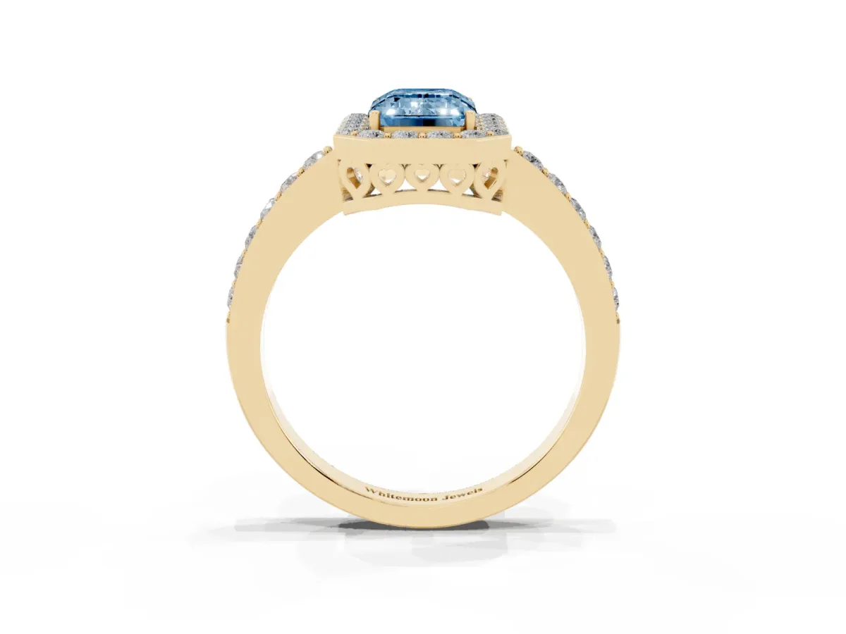 Fancy Blue Emerald Cut Halo Diamond Pavé Band Ring with Prong Setting Yellow gold