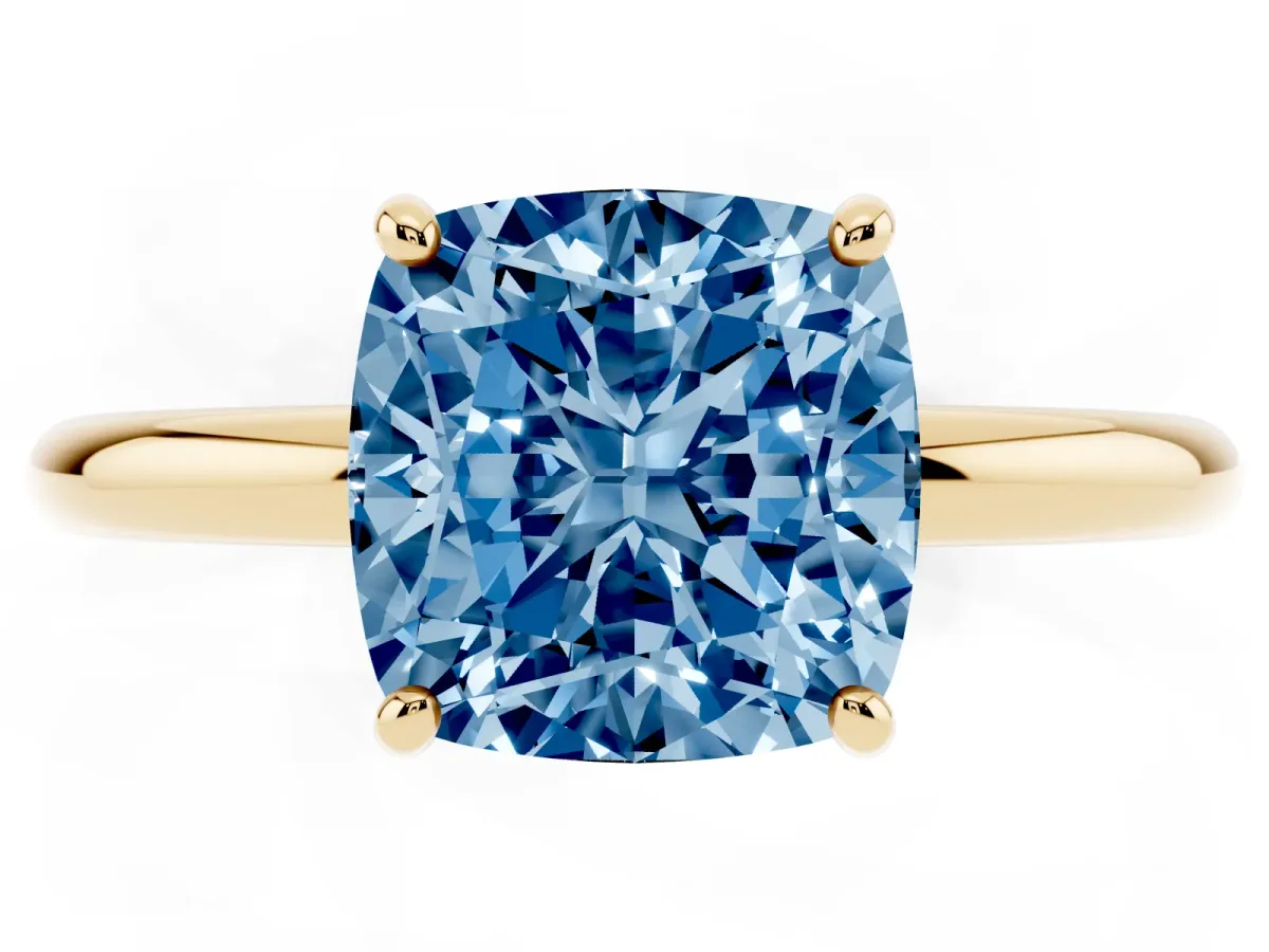 Fancy Blue Cushion Cut Solitaire Diamond Ring with Four-Prong Setting on a Plain Band Yellow gold