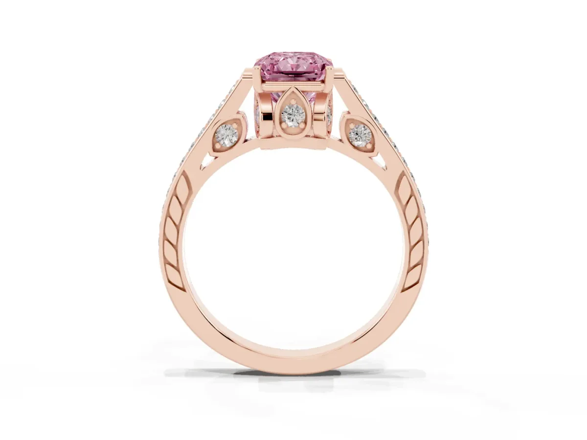 Fancy Pink Radiant Cut Cut Cathedral Pave Diamond Engagement Ring with Six-Prong Setting Rose gold