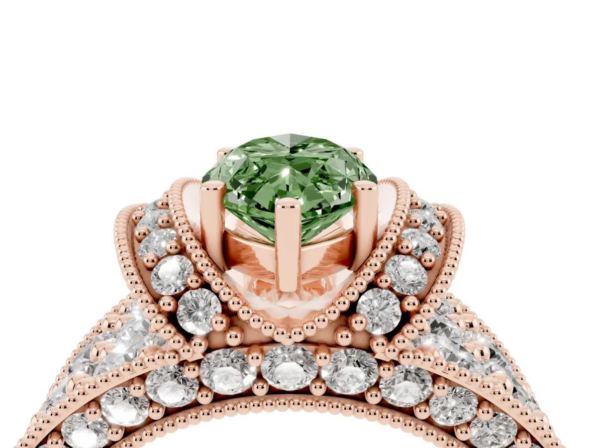 Fancy Green Marquise Cut Halo Pave Diamond Engagement Ring with Milgrain Detailing Rose gold
