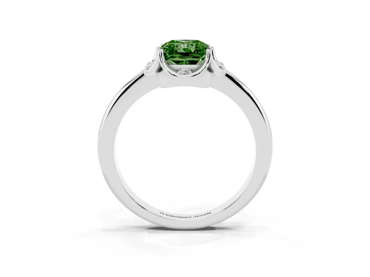 Fancy Green Radiant Cut Halo Diamond Ring with Round Cluster Setting, Solitaire Band, and Four-Prong Setting Silver