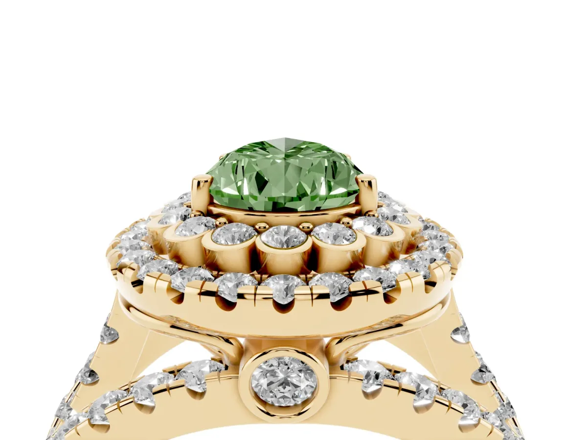 Fancy Green Pear Cut Diamond Double Halo Ring with Round Pavé Split Shank and Prong Setting Yellow gold
