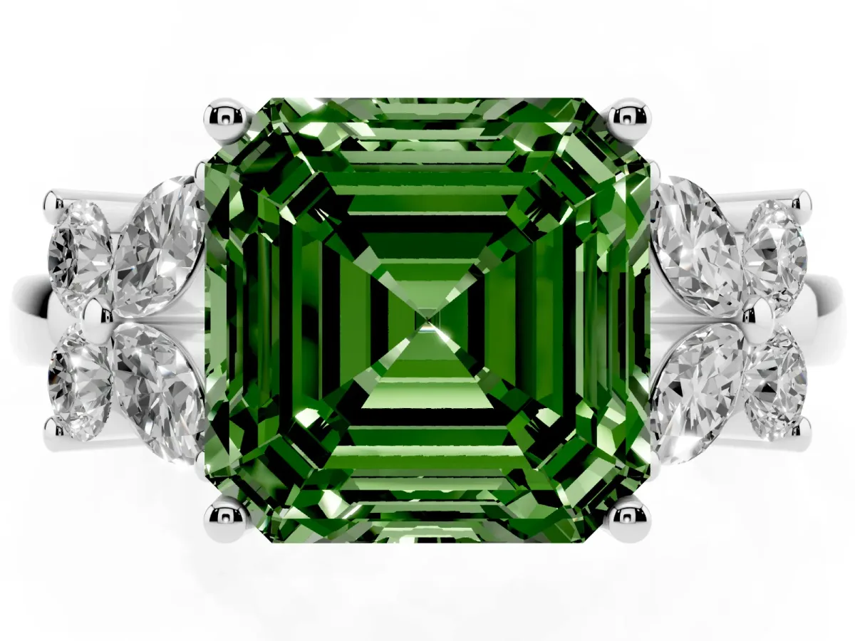Fancy Green Asscher Cut Diamond Floral Cluster Ring with Solitaire Band and Prong Setting Silver