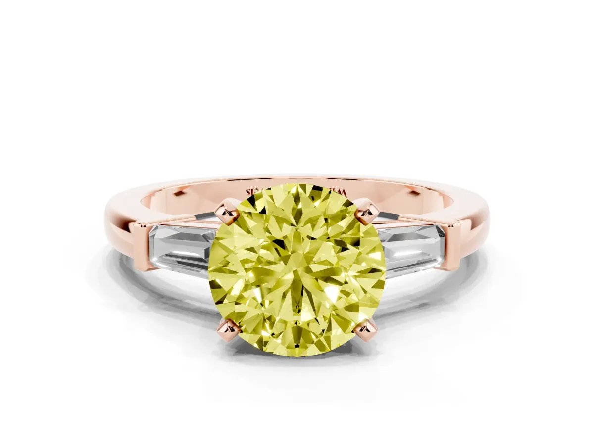 Fancy Yellow Round Cut Cut Diamond Solitaire Ring with Tapered Baguette Accents and Four-Prong Setting Rose gold