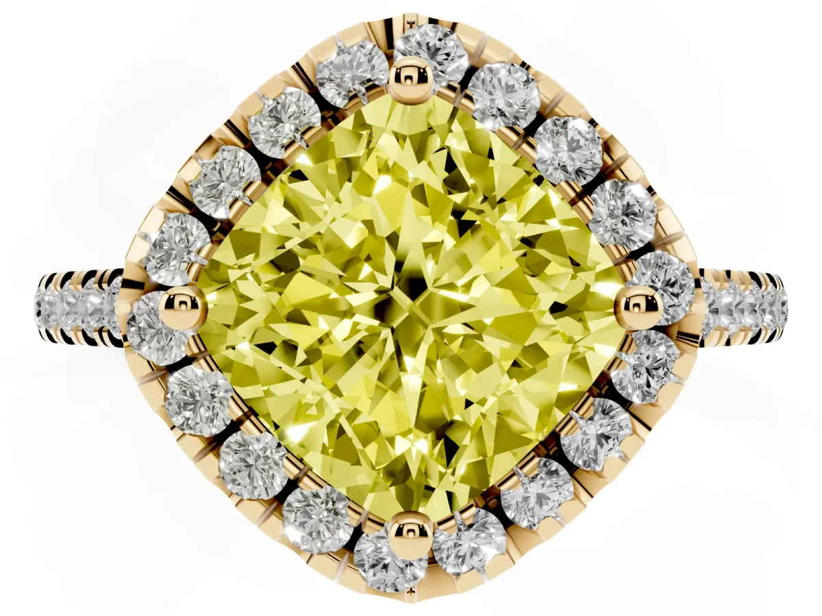 Fancy Yellow Cushion Cut Diamond Cushion Halo Ring with Pavé Band Yellow gold