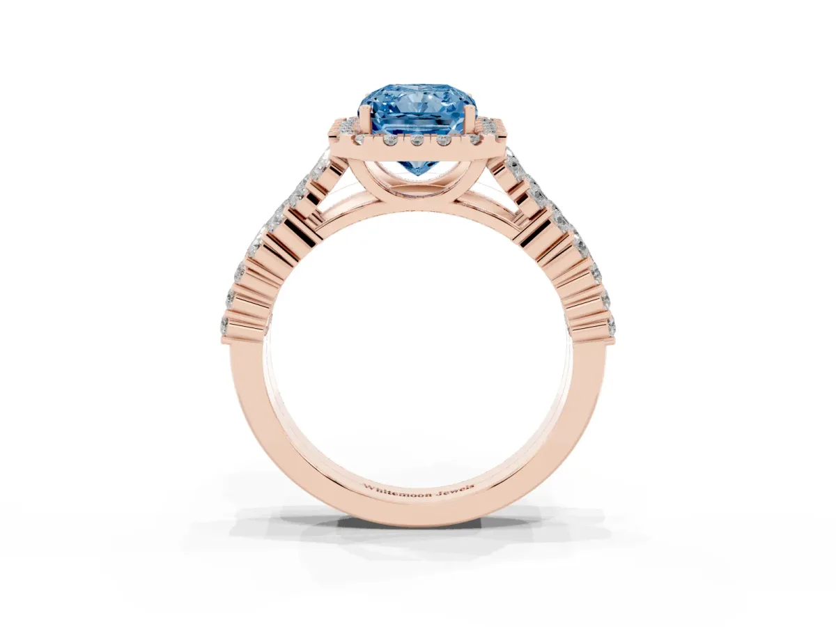 Fancy Blue Radiant Cut Diamond Halo Engagement Ring with Triple Row Round Pavé Band and Prong Setting Rose gold
