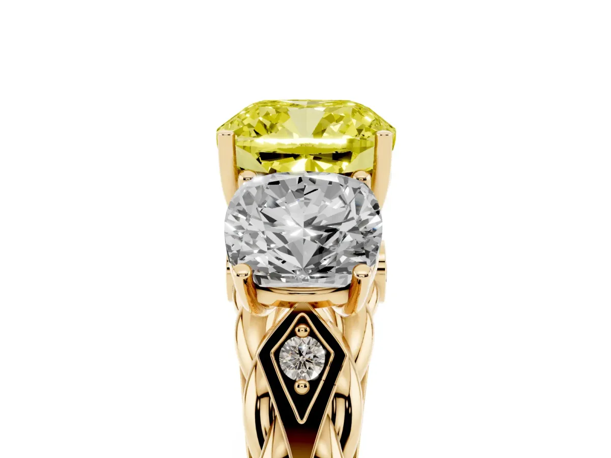 Fancy Yellow Three-Stone Cushion Cut Diamond Braided Band Ring with Four-Prong Setting Yellow gold