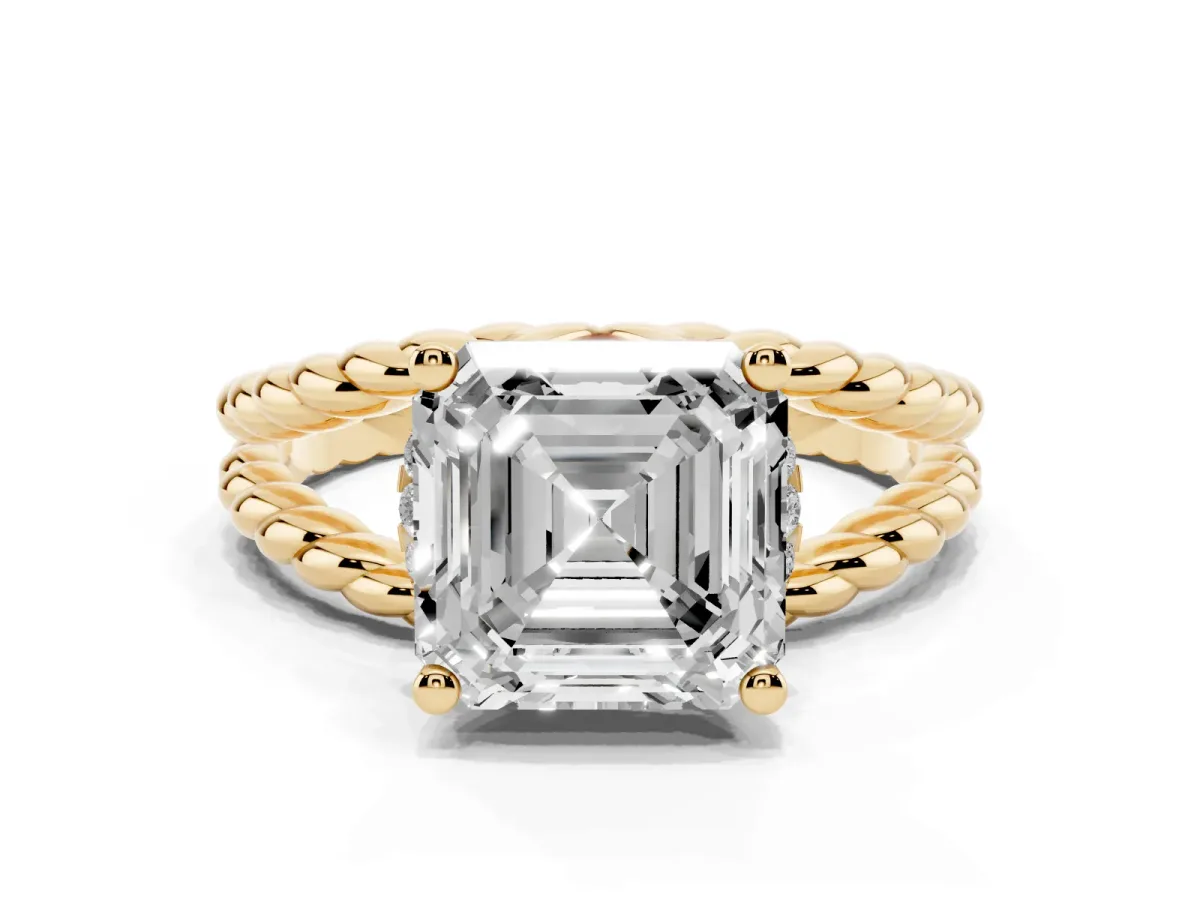 Asscher Cut Halo Twisted Band Four-Prong Ring Yellow gold