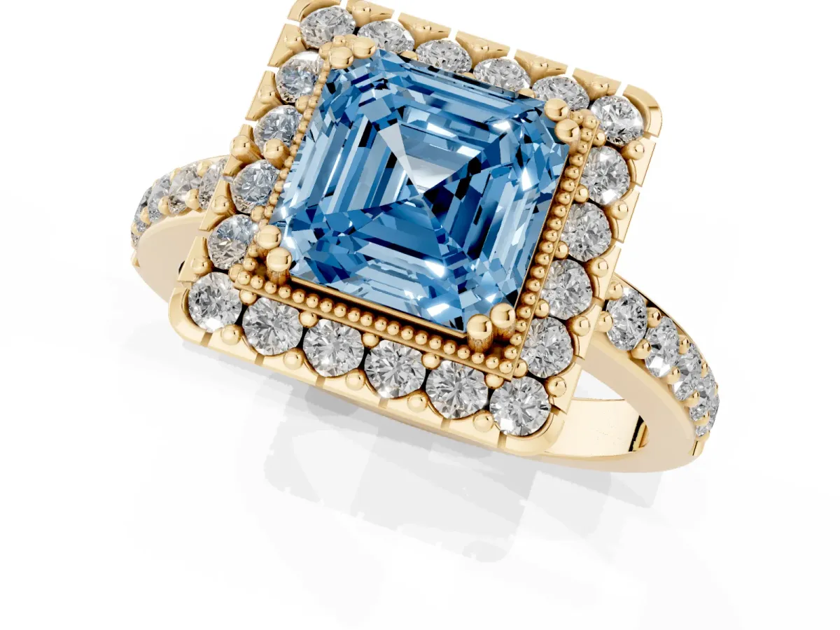 Fancy Blue Asscher Cut Diamond Halo Ring with Pavé Band and Prong Setting Yellow gold