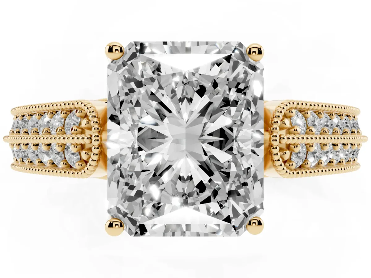 Radiant Cut Cut Pave Split Shank Engagement Ring with Four-Prong Setting Yellow gold