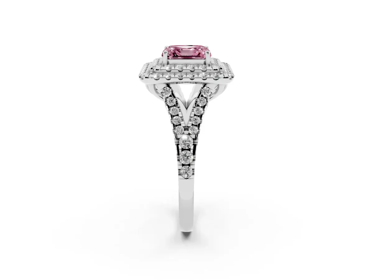 Fancy Pink Double Halo Asscher Cut Diamond Pavé Split Shank Ring with Prong Setting Silver
