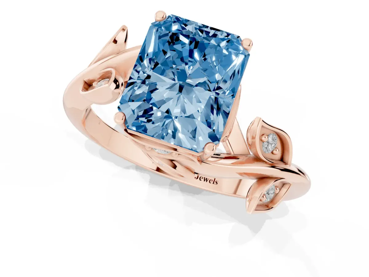 Fancy Blue Radiant Cut Solitaire Twist Engagement Ring with Leaf Accents and Prong Setting Rose gold
