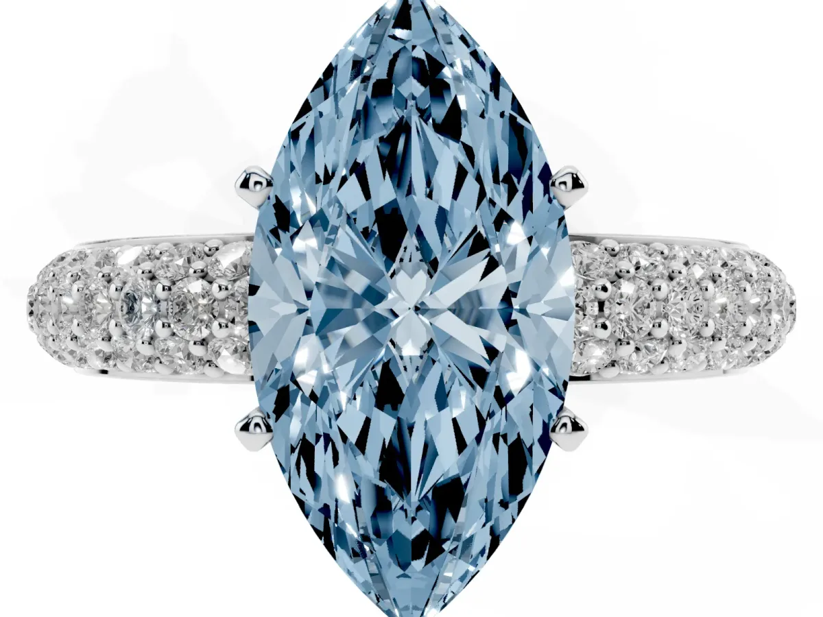 Fancy Blue Marquise Cut Diamond Solitaire Ring with Prong Setting and Pavé Band Silver