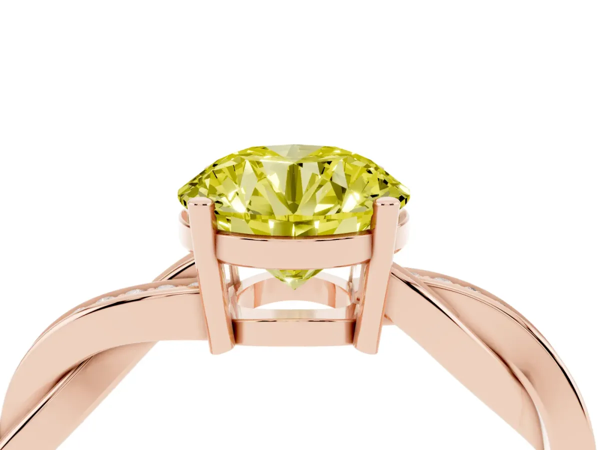 Fancy Yellow Round Cut Solitaire Twisted Pave Diamond Ring with Four-Prong Setting Rose gold