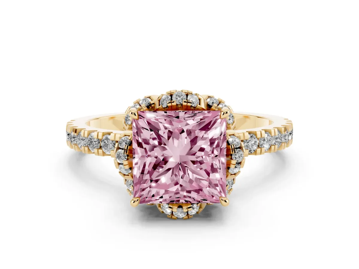 Fancy Pink Princess Cut Halo Diamond Pave Band Ring with Four-Prong Setting Yellow gold