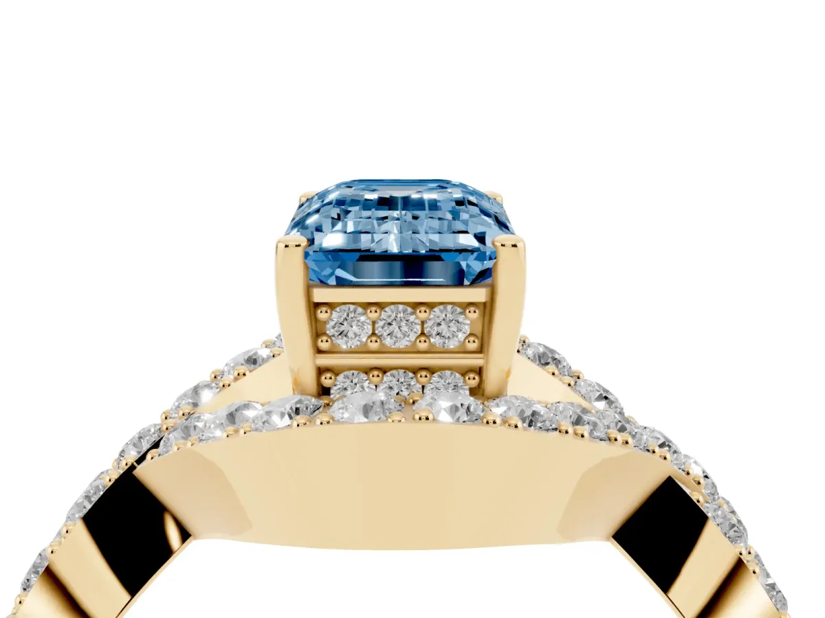 Fancy Blue Emerald Cut Solitaire Twist Band Pavé Diamond Engagement Ring Yellow gold