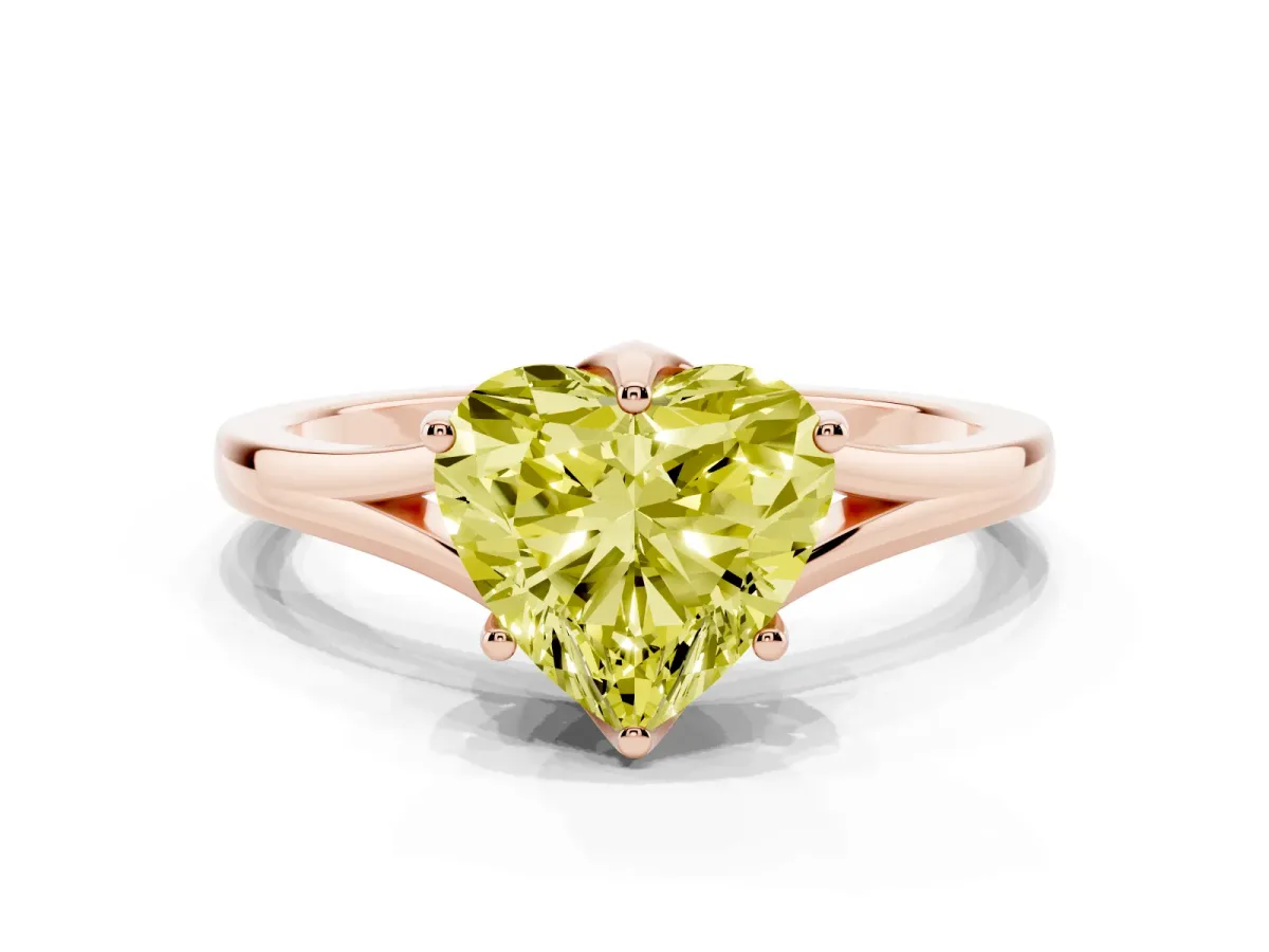 Fancy Yellow Heart Cut Solitaire Diamond Ring with Six-Prong Setting and Tapered Band Rose gold