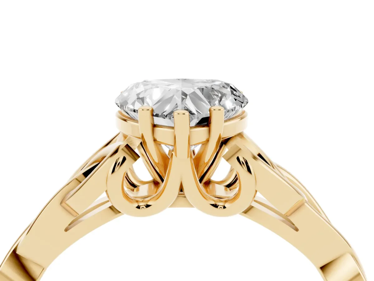 Heart Cut Diamond Solitaire Engagement Ring with Celtic Knot Band and Four-Prong Setting Yellow gold
