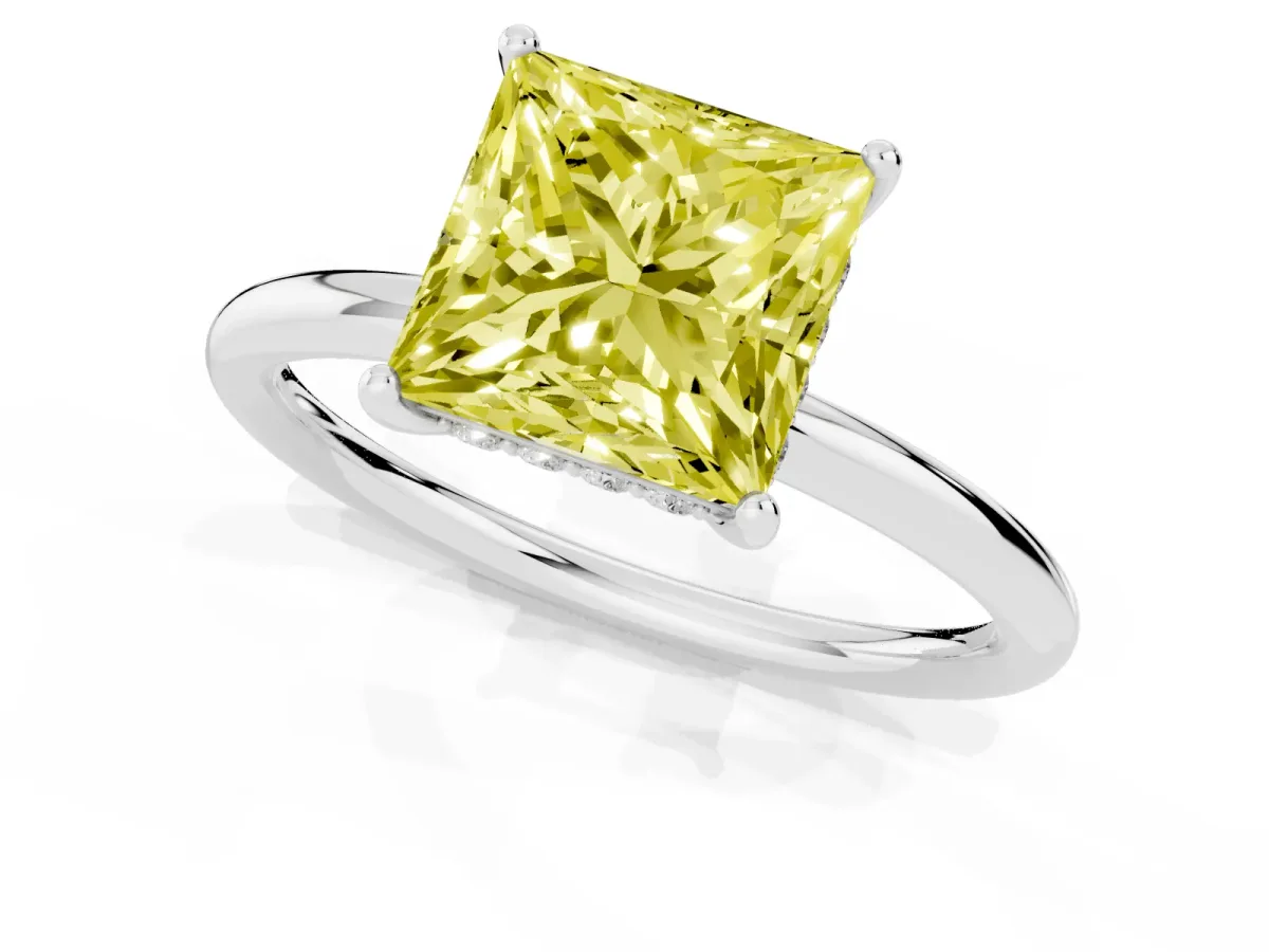 Fancy Yellow Princess Cut Solitaire Diamond Ring with a Classic Band and Four-Prong Setting Platinum