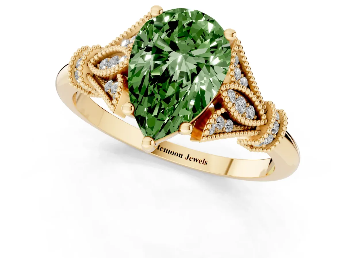 Fancy Green Pear Cut Diamond Solitaire Ring with Floral Filigree and Pave Accents Yellow gold