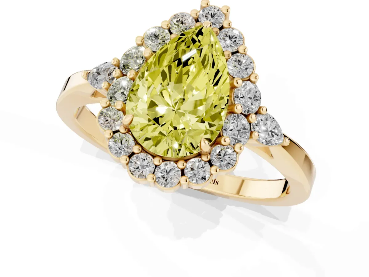 Fancy Yellow Pear Cut Diamond Halo Ring with Pear Side Stones and Prong Setting Yellow gold