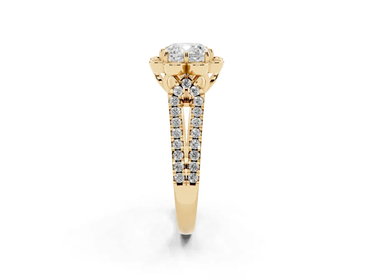 Cushion Cut Halo Diamond Floral Split Shank Engagement Ring Yellow gold