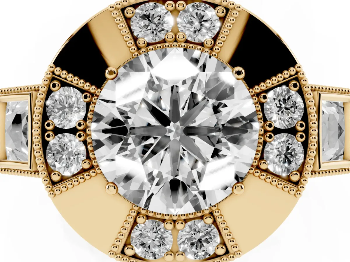 Milgrain Round Cut Diamond Halo Split Shank Ring Yellow gold