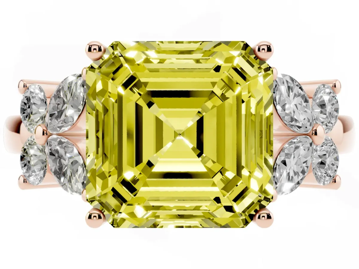 Fancy Yellow Asscher Cut Diamond Floral Cluster Ring with Solitaire Band and Prong Setting Rose gold