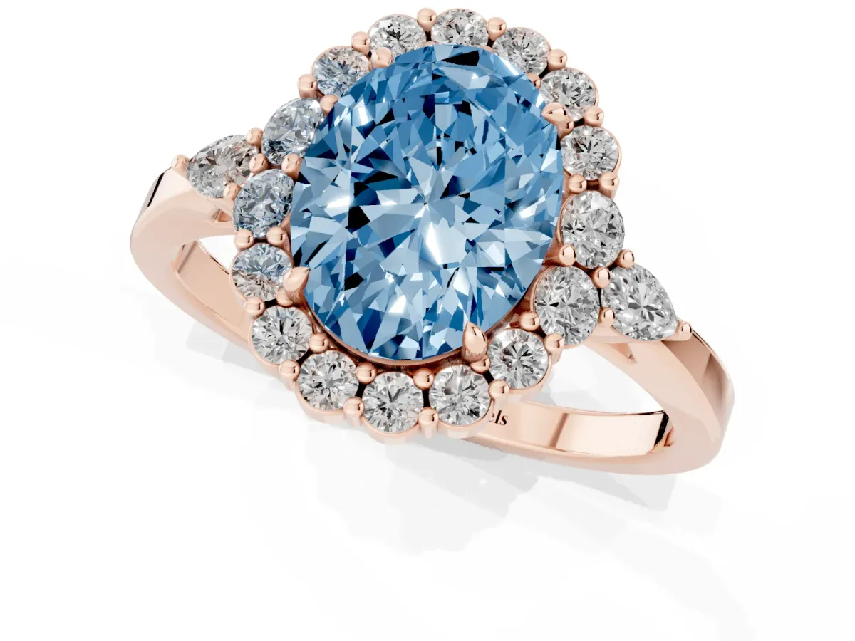 Fancy Blue Oval Cut Diamond Halo Ring with Pear Side Stones and Prong Setting Rose gold