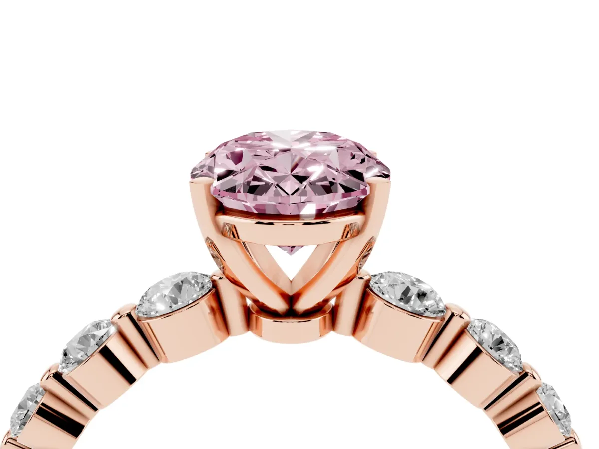 Fancy Pink Oval Cut Solitaire Diamond Ring with Pave Band and Four-Prong Setting Rose gold