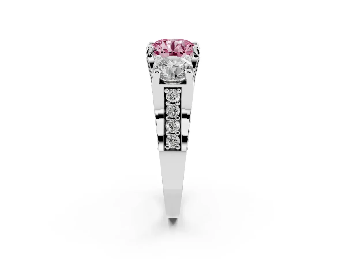 Fancy Pink Round Cut Diamond Three-Stone Ring with Channel Set Band and Four-Prong Setting Silver