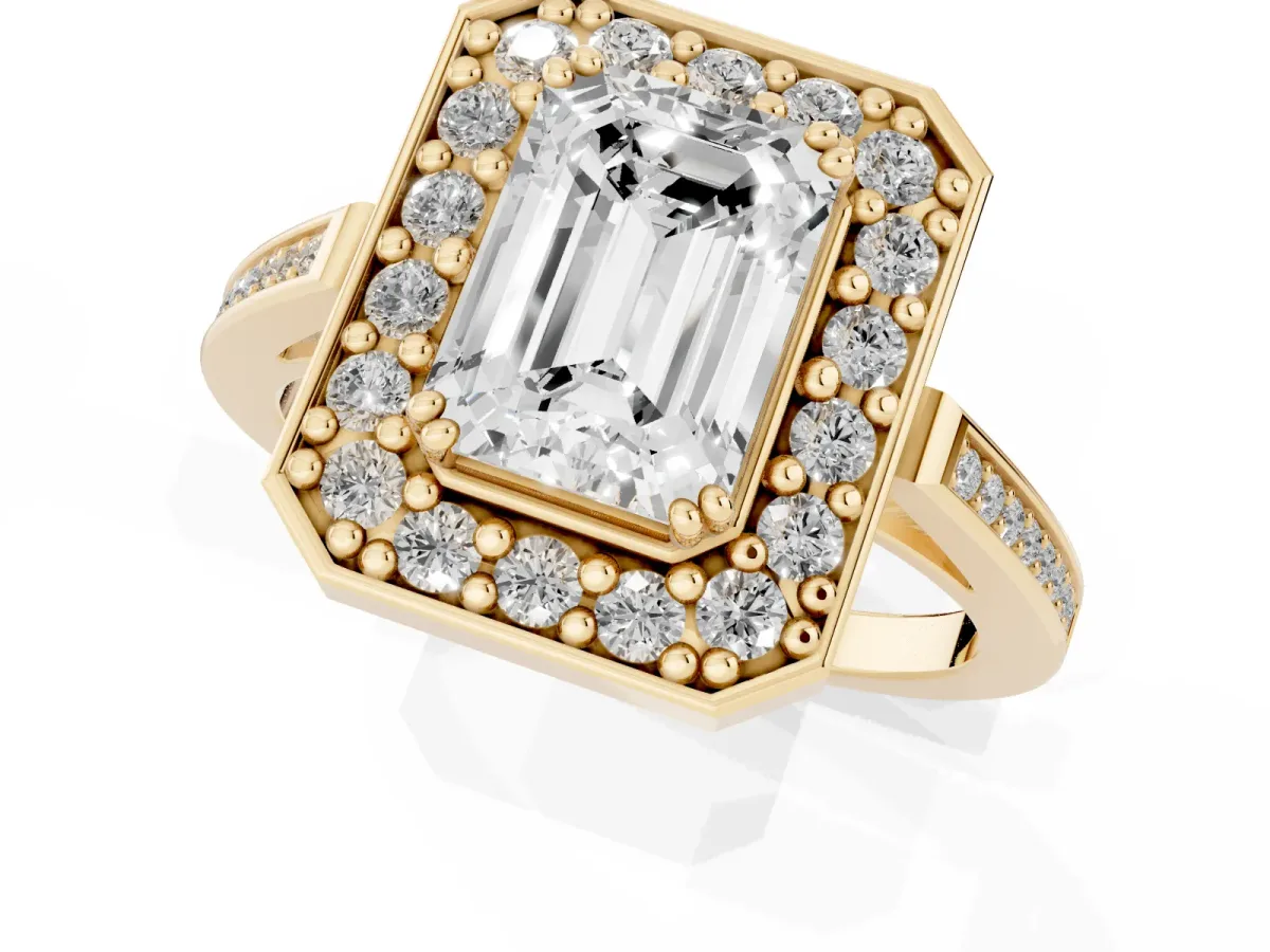 Emerald Cut Diamond Halo Ring with Split Shank and Four-Prong Setting Yellow gold