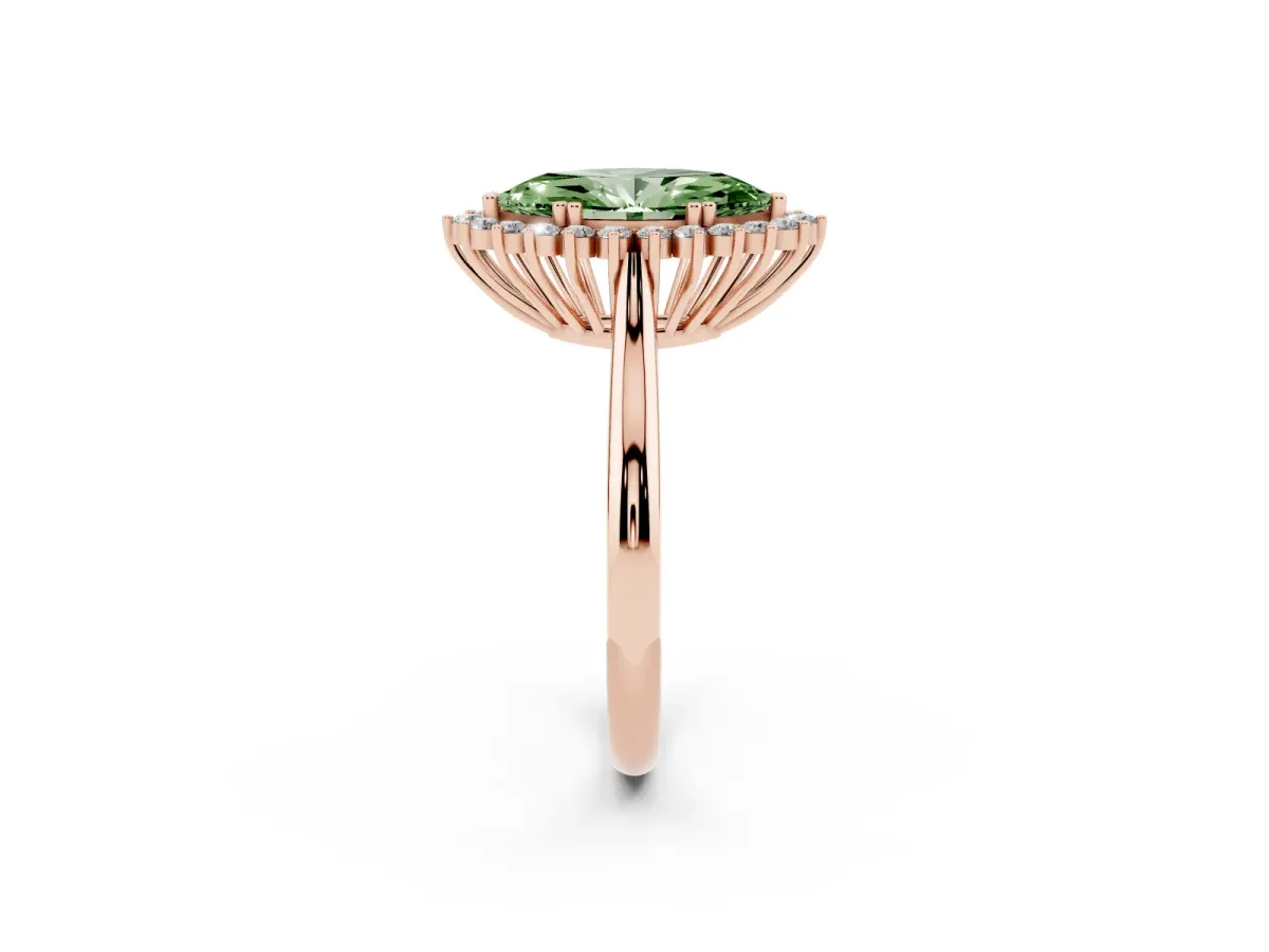 Fancy Green Marquise Cut Cut Diamond Halo Ring with Solitaire Band and Prong Setting Rose gold