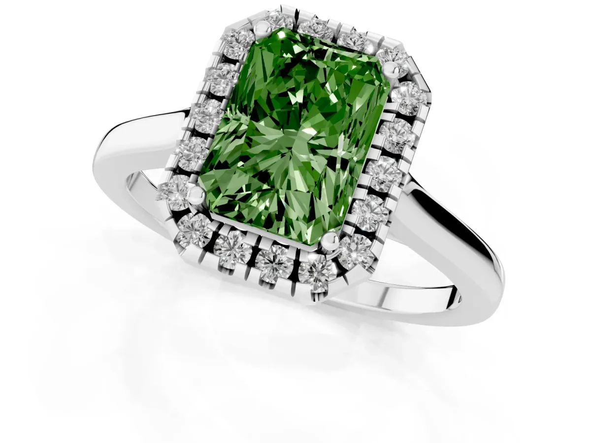 Fancy Green Radiant Cut Halo Round Diamond Solitaire Ring with Pavé Band and Four-Prong Setting Silver