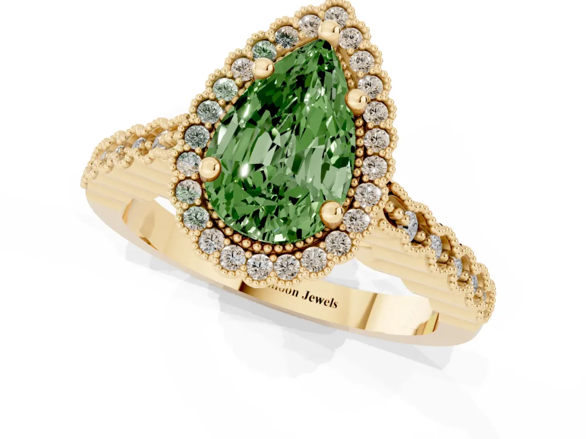 Fancy Green Pear Cut Cut Halo Pavé Solitaire Ring with Milgrain Band Yellow gold