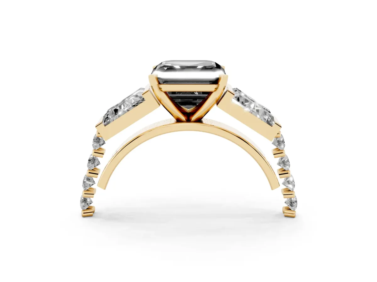 Fancy Black Asscher Cut Diamond Engagement Ring with Baguette Side Stones and Channel Set Band Yellow gold