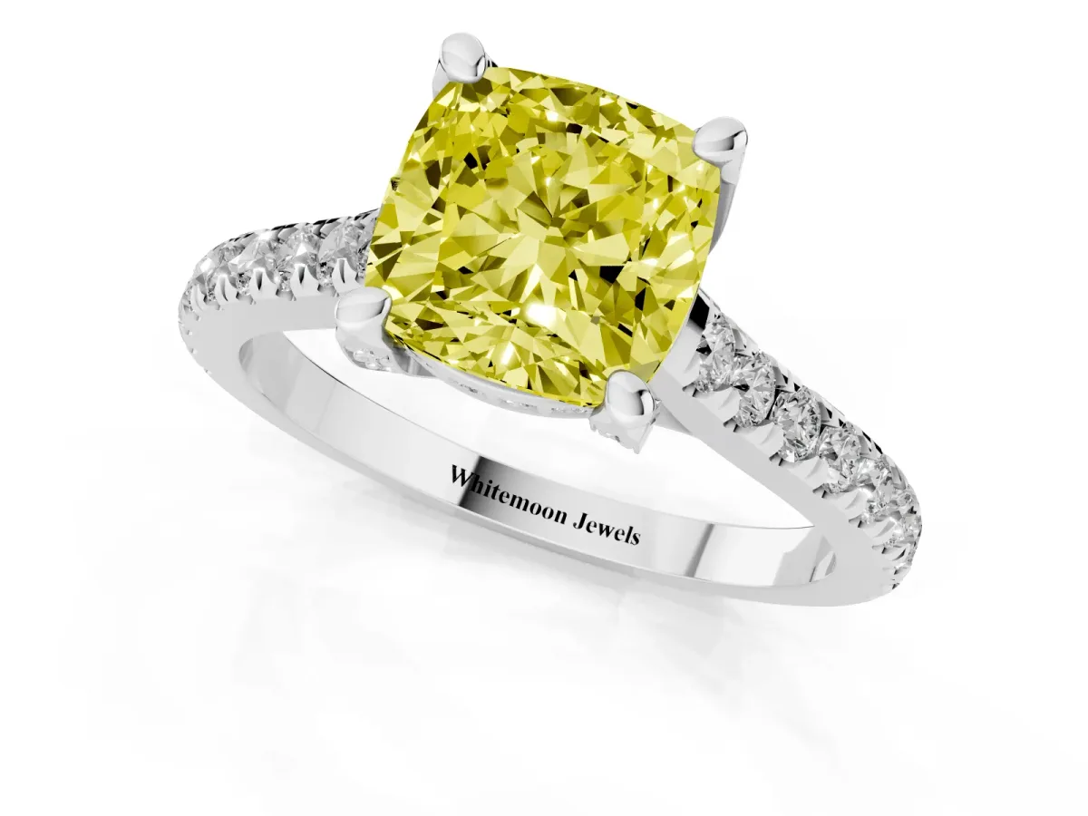 Fancy Yellow Cushion Cut Brilliant Diamond Solitaire with Pavé Band and Four-Prong Setting White gold