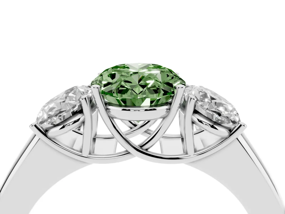 Fancy Green Three-Stone Oval Cut Cut Diamond Ring with Prong Setting and Classic Band Silver