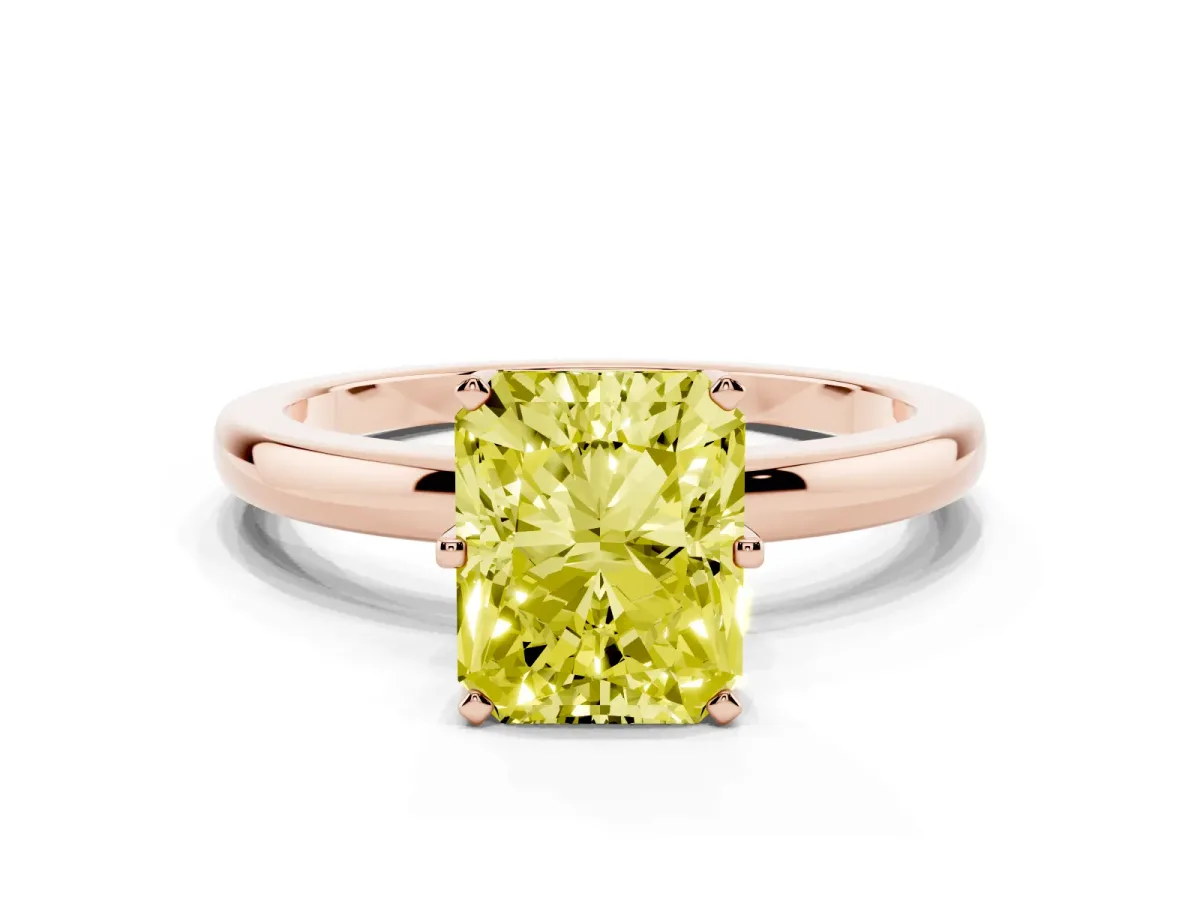 Fancy Yellow Radiant Cut Solitaire Diamond Ring with Six-Prong Setting on a Classic Band Rose gold
