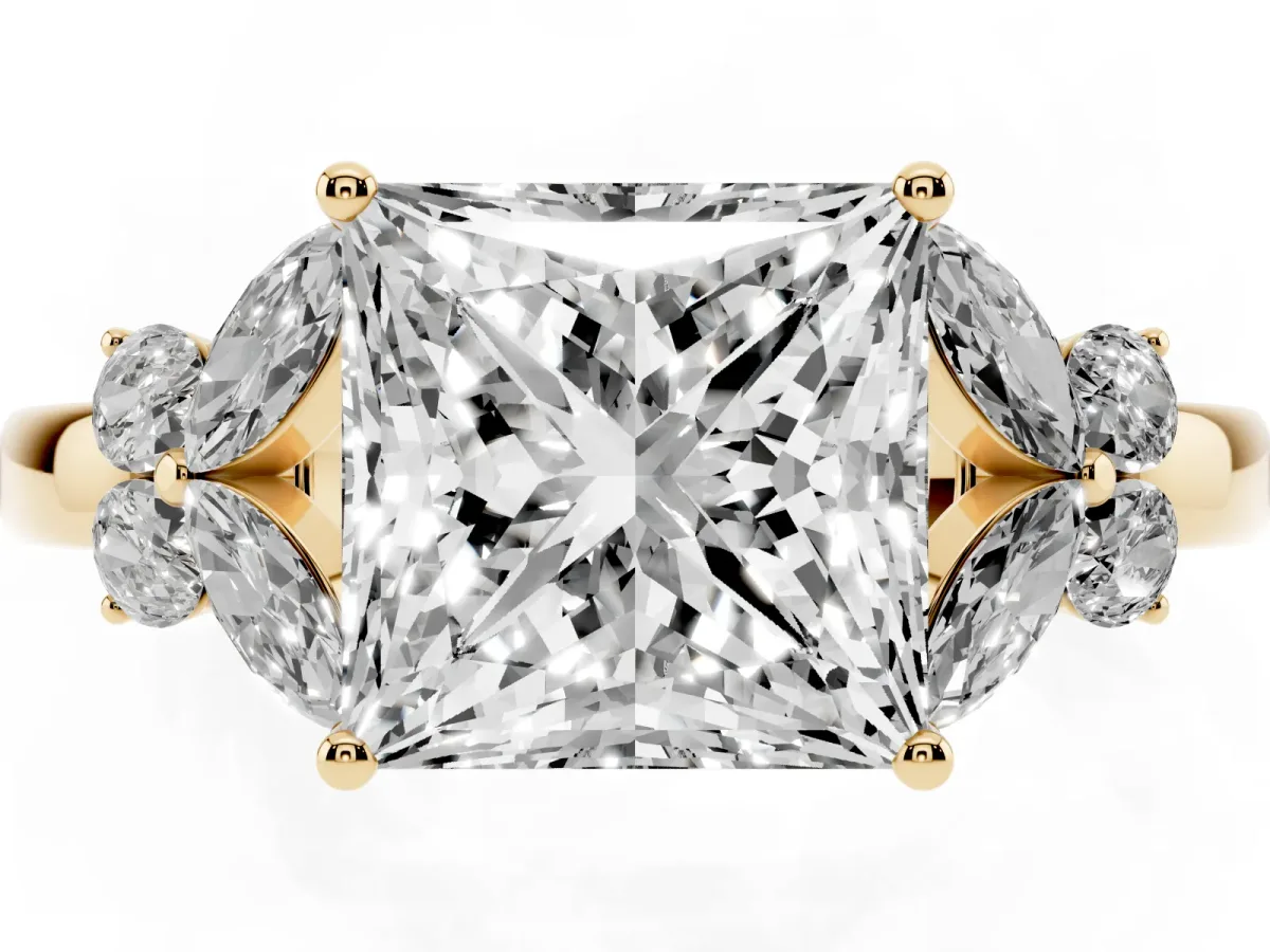Princess Cut Cut Solitaire Floral Diamond Ring with Four-Prong Setting Yellow gold