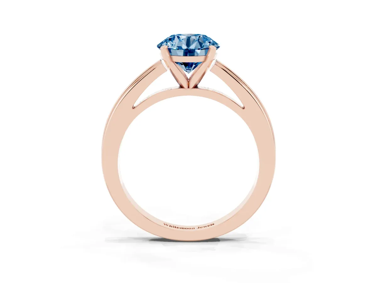 Fancy Blue Round Cut Solitaire Diamond Ring with Four-Prong Setting and Classic Band Rose gold